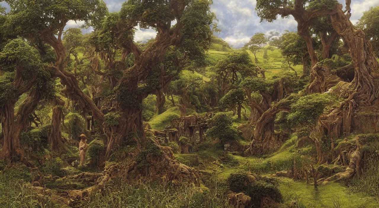 Prompt: a finely detailed painting of The Shire, by Gerald Brom and Ted Nasmith