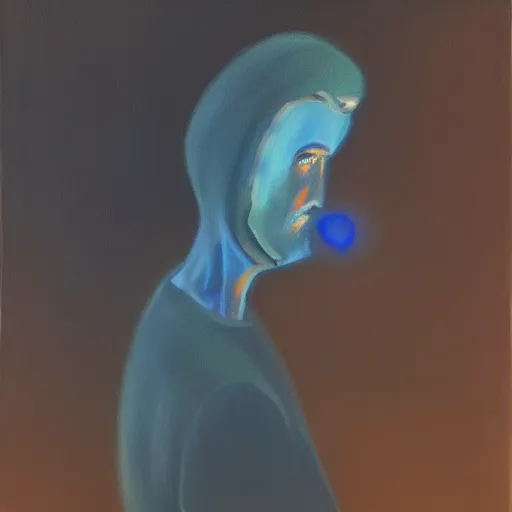 Prompt: discord moderator sitting in front of screen, blue light filling the dark room, oil painting