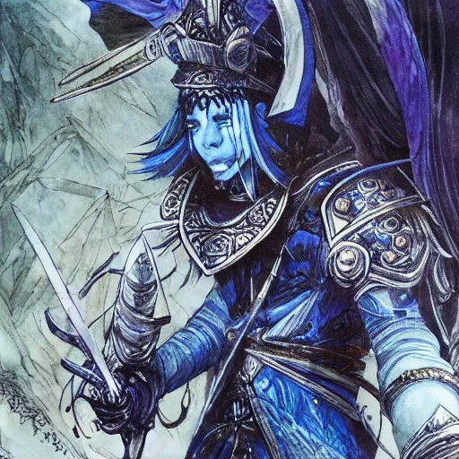 Image similar to a handsome magic swordsman with blue skin glides through a beautiful battlefield magic the gathering dramatic esoteric pen and ink illustrated in high detail by Yoshitaka Amano
