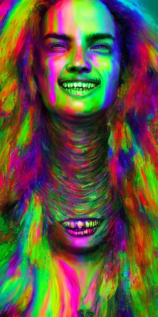 Prompt: impossibly beautiful portrait, single face, dapper dream demon, bad trip, insane smile, intricate complexity, surreal horror, inverted neon rainbow drip paint, trending on art station, photoreal, 8 k, octane render by greg rutkowski