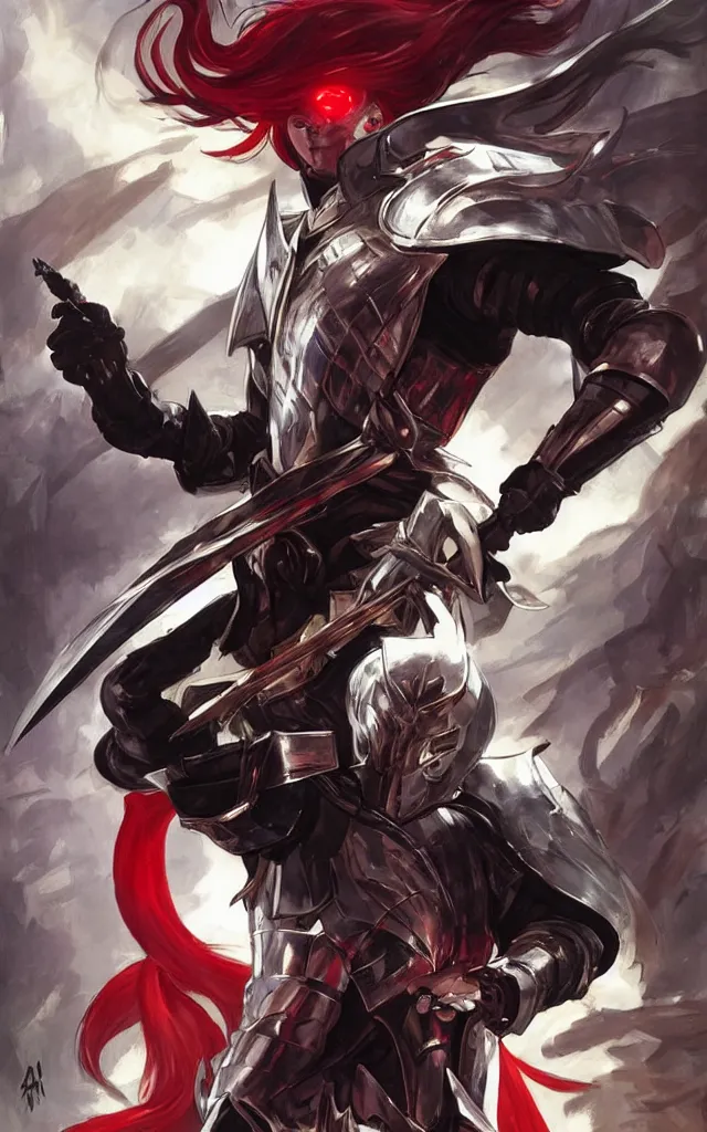 Image similar to Knight with black greatsword and black plate armour, one-eyed, emitting evil red aura, armor merging with body, full body shot, anime style, 90's modern art, art by artgerm and greg rutkowski and alphonse mucha