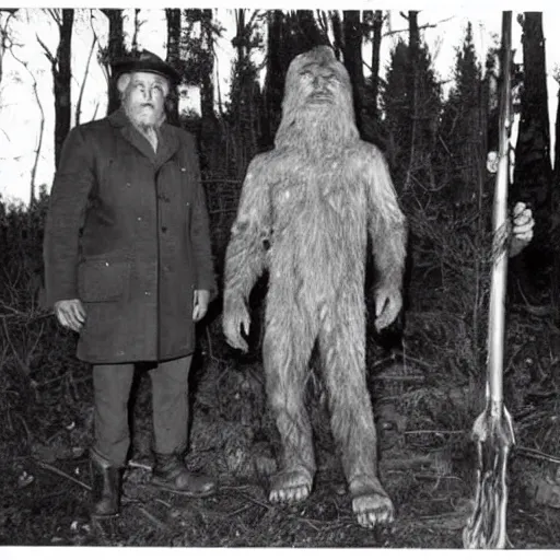 Prompt: an old photograph of hunters proudly standing beside a dead bigfoot