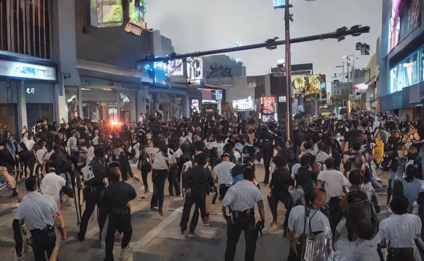 Prompt: crowd of crazy people with placards attacking cops in front of stores in los angeles with light screens all over the street, photorealism, art for the game, professional lighting, night lighting from streetlights, japanese chill photo, concept art