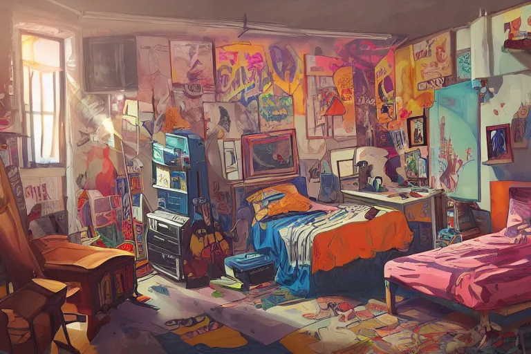 Image similar to a room of an american teen, graffiti and posters on the wall, bed, guitar, bright, the sun shines in, warm, cozy, isometric art, bright, artstation, highly detailed, cinematic lighting + masterpiece