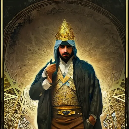 Image similar to the king of persia wearing a tin foil hat, sharp focus, illustration, art by greg rutkowski and alphonse mucha''