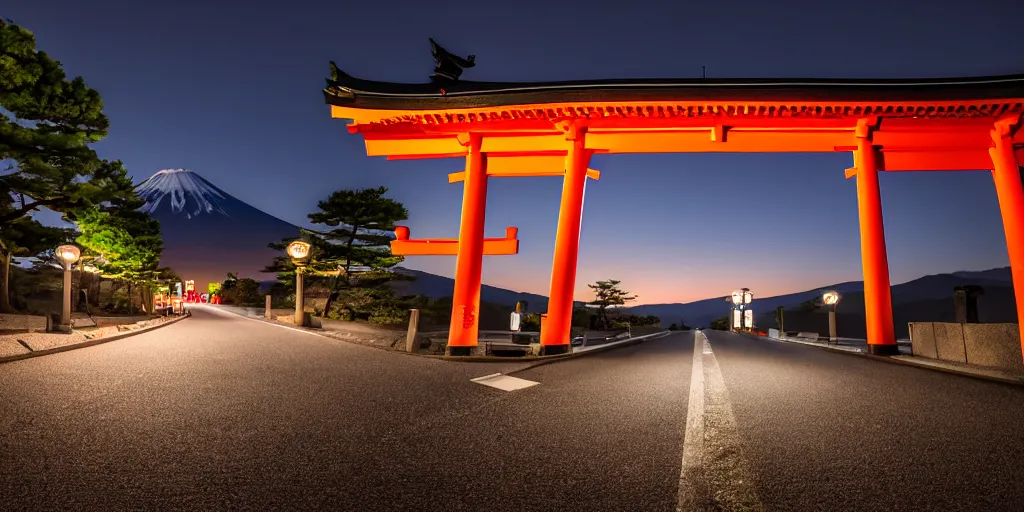 Prompt: A night photo of a school bus driving towards a Japanese Torii gate at Mount Fuji location in Japan, time travel, 4K, global illumination, ray tracing