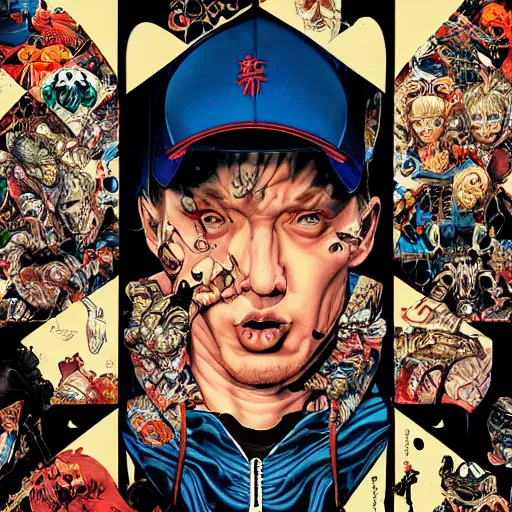 Prompt: portrait of crazy eminem, symmetrical, by yoichi hatakenaka, masamune shirow, josan gonzales and dan mumford, ayami kojima, takato yamamoto, barclay shaw, karol bak, yukito kishiro