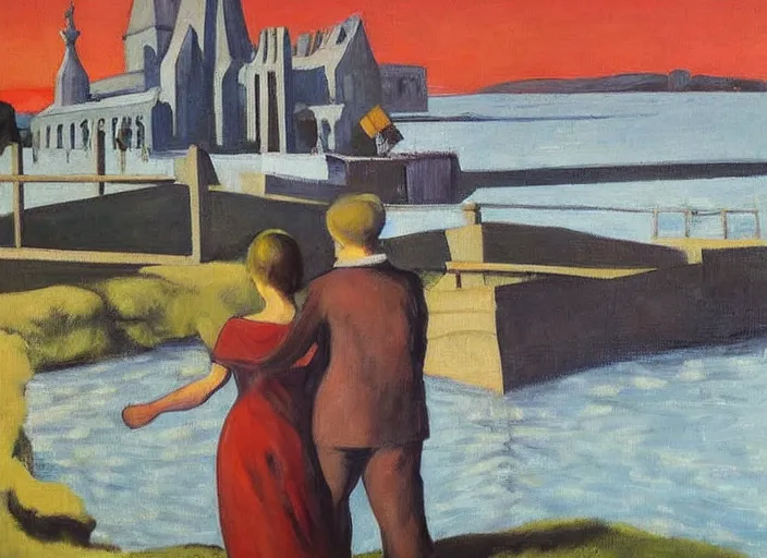 Image similar to painting, young lovers holding hands walking by river, she's wearing rags and feathers from salvation army counters, and the sun pours down like honey on our lady of the harbor church in montreal, by paula rego, by neo rauch, by edward hopper