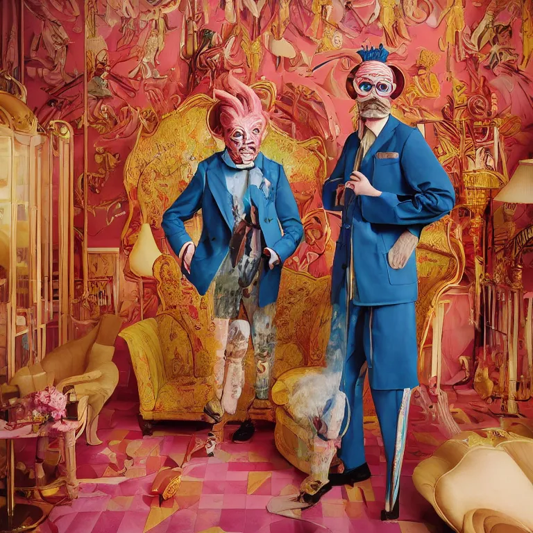 Prompt: vogue photoshoot octane render portrait by wayne barlow and carlo crivelli and glenn fabry, focus on an eccentric man in a bright colorful pastel wes anderson uniform and a latex mask inside a high - end exotic vintage boutique hotel lounge, very short depth of field, bokeh