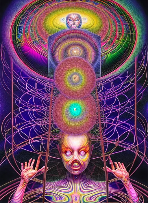 Prompt: realistic detailed image rendered in octane 3d , of an out of body experience and in the center there arefigures of a family trapped in a psychedelic hypercube cage of life and doom surrounded by dancing entities and shamans, in the field of inner hyperspace, shipibo , by Alex Grey, by Ayami Kojima, Amano, Karol Bak, Greg Hildebrandt, and Mark Brooks. rich deep colors. Beksinski painting, art by Takato Yamamoto. masterpiece. rendered in blender, ultra realistic, smooth shading, ultra detailed, high resolution, cinematic, unreal 6