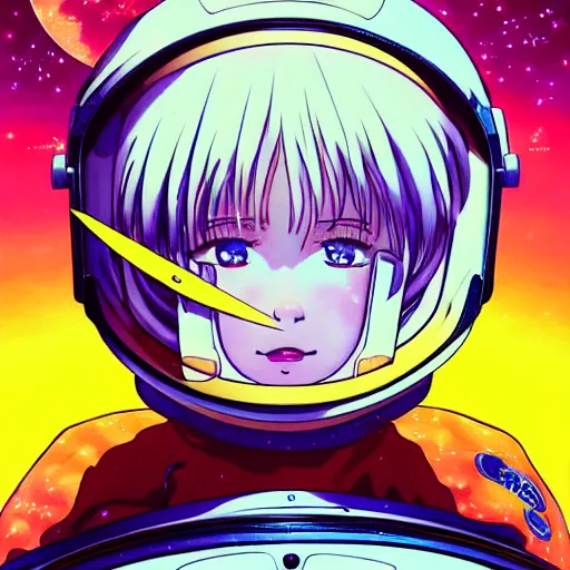 Prompt: portrait of a young astronaut girl, flowing white hair, kyoto animation, yoshitoshi abe, loish, murata range, synthwave, cosmic, kawaii,orange, big anime eyes,studio lighting, manga, anime, 1980s, vibrant, beautiful, dreamy, gradation, jean giraud, ((space nebula background))