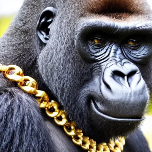 Image similar to a gorilla wearing shades and a gold chain, 4 k