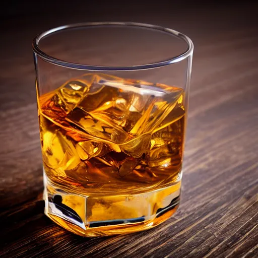 Prompt: a realistic photograph of a glass of whiskey on a wooden table, ice. ultra hd