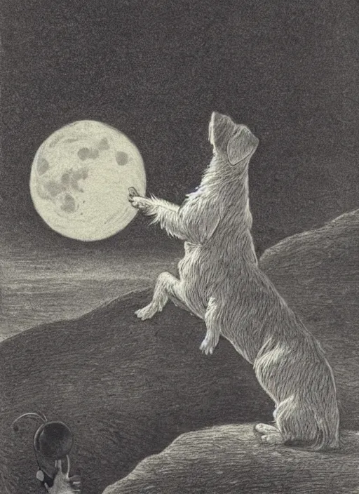 Prompt: candid portrait of jack russel dog looking up barking at the moon, from behind, night sky, highly detailed, illustrated by peggy fortnum and beatrix potter and sir john tenniel