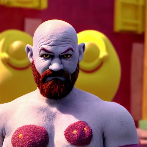 Image similar to kratos in teletubbies, from the new movie teletubbies, directed by peter jackson, bokeh, hyperrealism