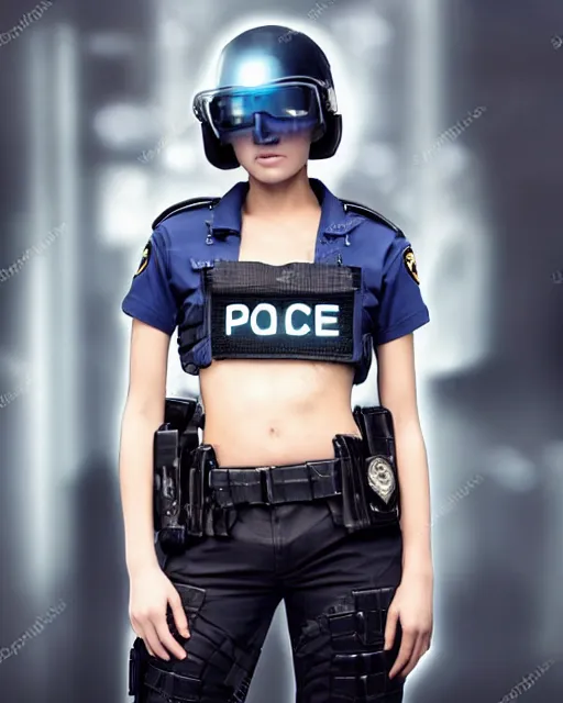 Image similar to young female police officer, neon, cyberpunk, futuristic clothing