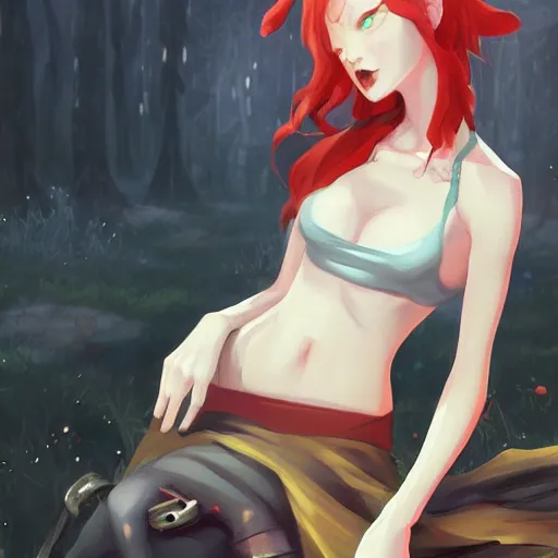Prompt: a pale redheaded demoness with yellow eyes and white horns wearing a tanktop, highly detailed, digital painting, artstation, concept art, matte, by makoto shinkai