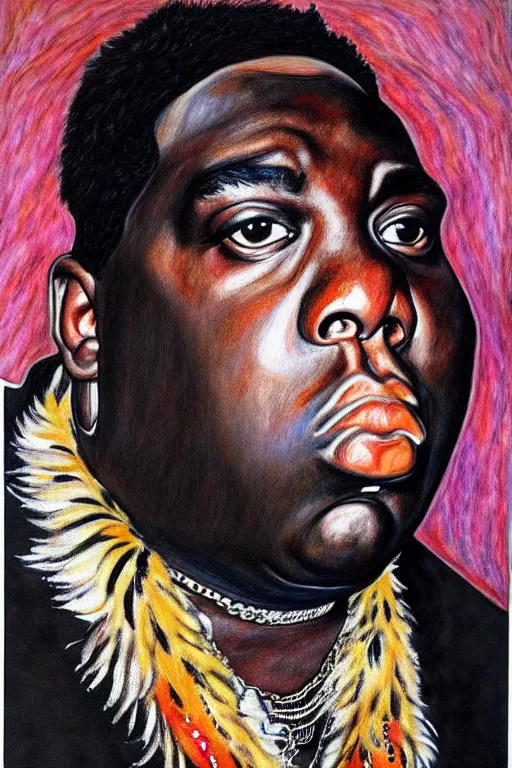 Image similar to full body!! a portrait of biggie smalls aka notorious b. i. g. wearing boho - chic style clothes, with a fur muffler and feathers, realistic painting in egon schiele style, masterpiece, hyperdetailed, complex, intricate, 4 k, hyperrealistic, trending on artstation
