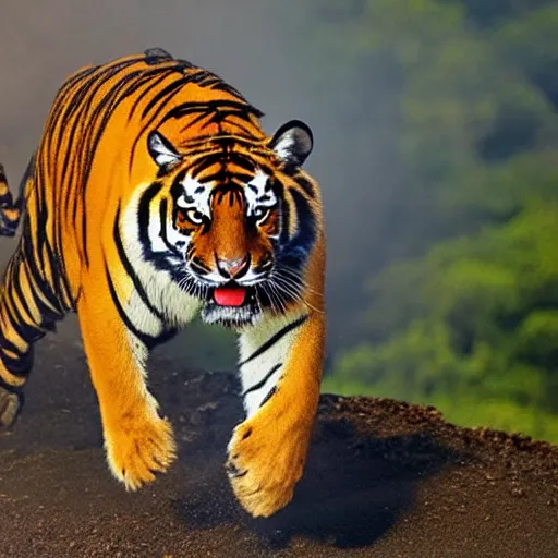 Prompt: A tiger running away from an erupting volcano