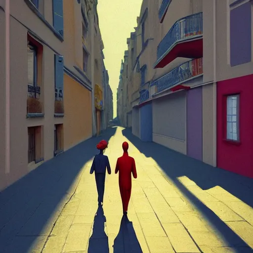 Prompt: plasticine sculptures of two lovers walking through paris, strict clothing, bright colors, edward hopper and james gilleard,, highly detailed, zdzislaw beksinski, octane render