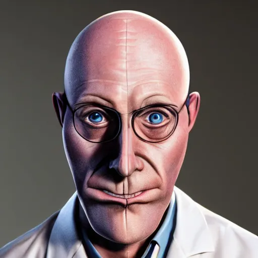 Image similar to A middle-aged Dr. Venture in real life with a hooked nose, a long gaunt face and skinny body and neck, very thin and bald, realistic, very realistic, hyperrealistic, highly detailed, very detailed, extremely detailed, detailed, digital art, oil painting, trending on artstation, headshot and bodyshot, detailed face, very detailed face, extremely detailed face, HD Quality, 8k resolution, very very detailed face, real life