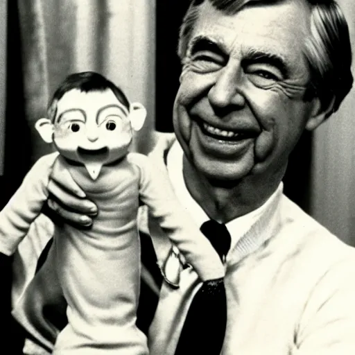 Prompt: mr. rogers proudly displaying a pint - sized slimy flesh demon. 1 9 7 0 s studio photo.