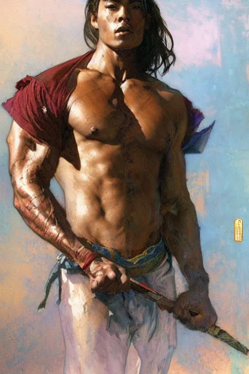 Image similar to attractive muscular man, short hair, wuxia, colorful, painting by gaston bussiere, craig mullins, greg rutkowski, alphonse mucha