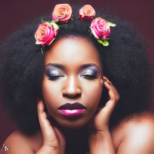 Image similar to Photo of a black woman, natural make-up, crown with roses, bold, self-confidence, cinematic focus