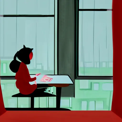 Image similar to An expressive Lo-fi style painting of a Korean girl sat writing in a journal while wearing headphones illuminated by a desk lamp and neon lights, in the background is a window overlooking a rainy night-time city, with a cat resting on the window cill, a relaxed and dreamy atmosphere, highly atmospheric with dynamic lighting, highly detailed, 8K