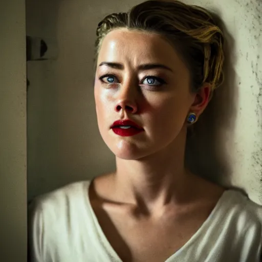 Image similar to amber heard crying alone inside a prison cell behind bars, ultra realistic, canon 3 5 mm portrait photography, 1 8 0 0 s, old timey, 8 k