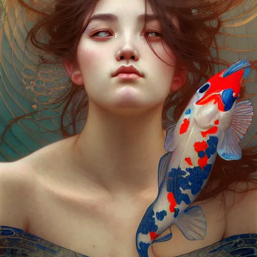 Image similar to Portrait of a girl surrounded by Koi fish, face, fantasy, intricate, elegant, highly detailed, digital painting, artstation, concept art, smooth, sharp focus, illustration, art by Dapeng song and Artem Demura and alphonse mucha