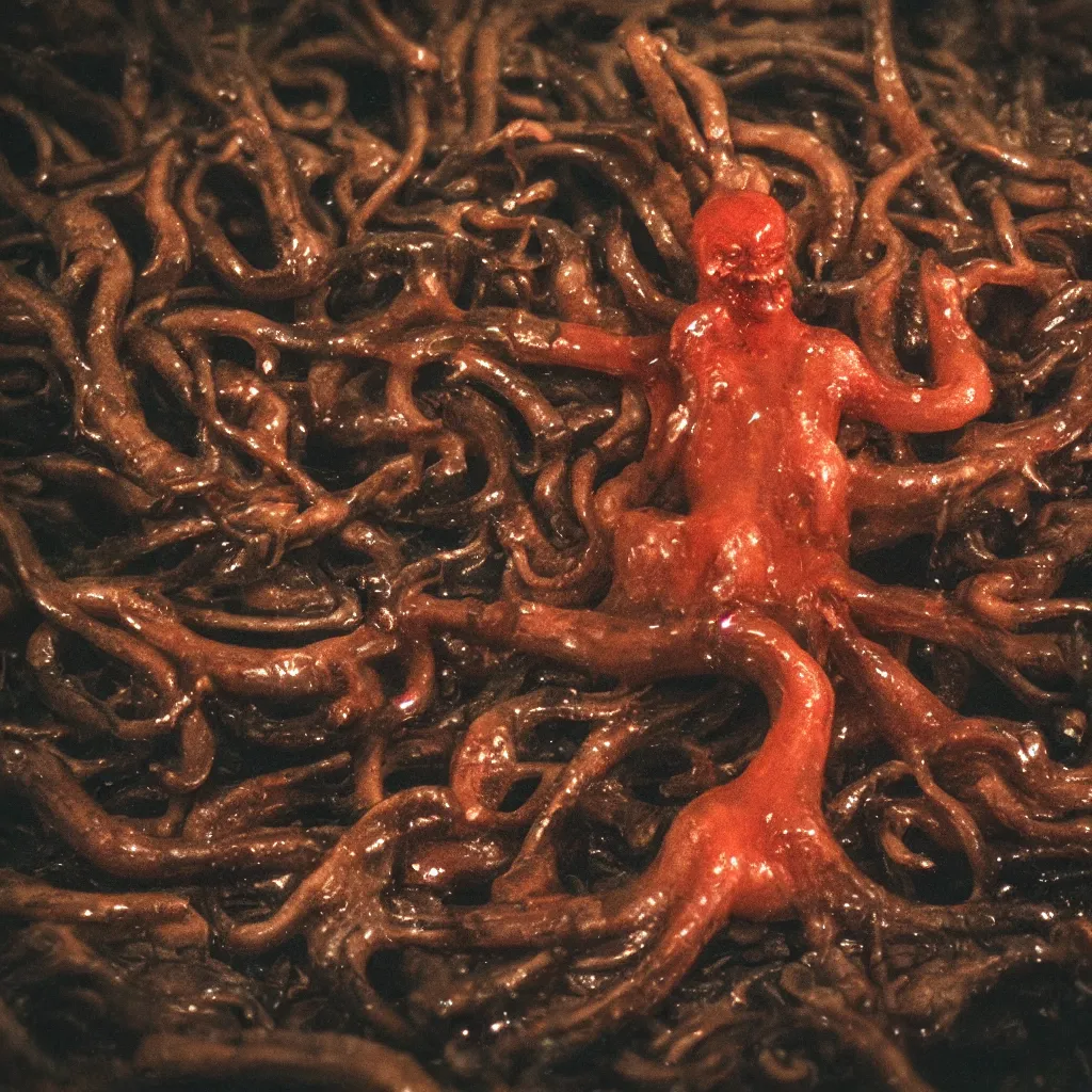 Prompt: grainy 2 0 mm film photograph of an angry glossy wet gory fungus demon god. uhd, amazing depth, cinematic lighting, levitating floating fungus god with arms outstretched.