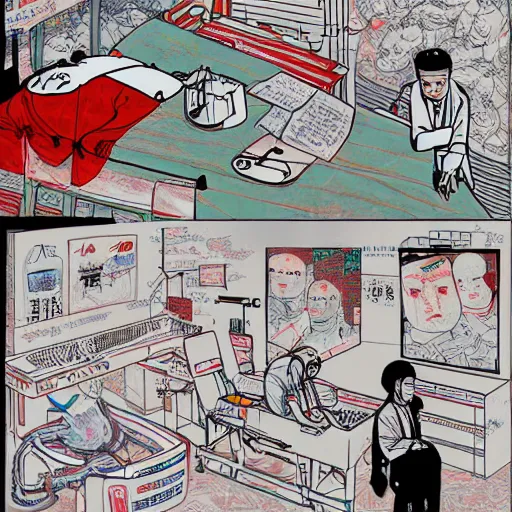 Prompt: chinese surgery operating table, in the style of daniel johnston and outsider art, 8k, line brush, overlaid with traditional chinese adverts