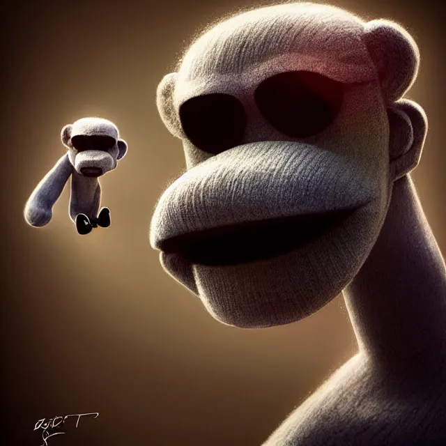 Image similar to epic professional digital art of sock puppet monkey, ,best on artstation, cgsociety, wlop, Behance, pixiv, astonishing, impressive, outstanding, epic, cinematic, stunning, gorgeous, much detail, much wow,m, masterpiece.