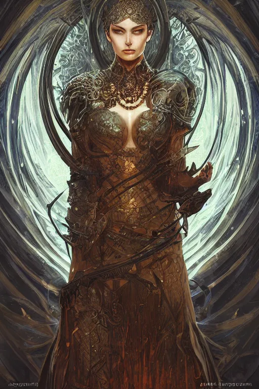 Prompt: Portrait of dark souls a goddess of time and space, dark fantasy, intricate, elegant, highly detailed, digital painting, artstation, concept art, smooth, sharp focus, illustration, art by artgerm and greg rutkowski and alphonse mucha