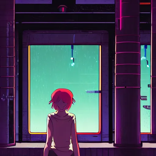 Prompt: cyberpunk girl sitting inside an empty store being looked at through the window in the style of studio ghibli, soft anime illustration, dark neon colors, soft ambience, zoomed in, backlit, lots of details