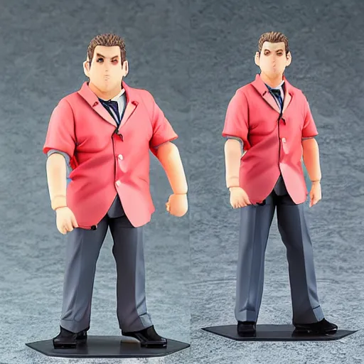 Image similar to Jonah Hill as a Figma anime figurine. Posable PVC action figurine. Detailed artbreeder face. Full body 12-inch Figma anime statue.