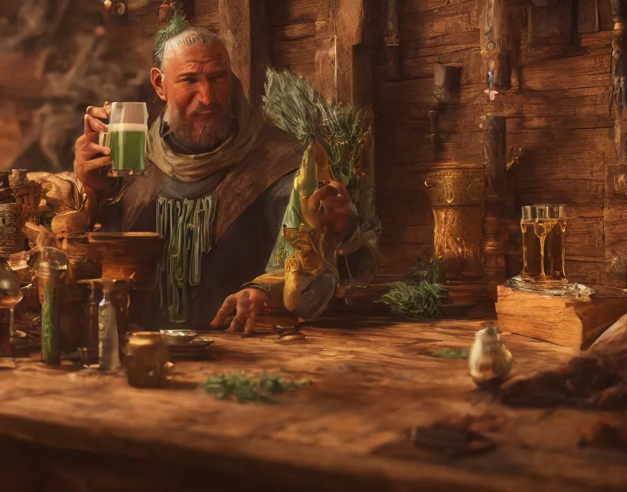 Image similar to old sage wizard drink beer from wooden cup in fantasy tavern, beautiful texture, beautiful graphics, fantasy artwork, very beautiful scenery, hd, hdr, ue 5, ue 6, unreal engine 5, cinematic 4 k wallpaper, 8 k, ultra detailed