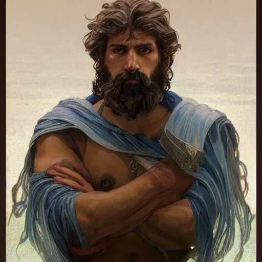 Image similar to ''face portrait of handsome poseidon from greek mythology, sea background, greece, fantasy, dungeons and dragons, d & d, digital painting, artstation, concept art, sharp focus, illustration, art by greg rutkowski and alphonse mucha''