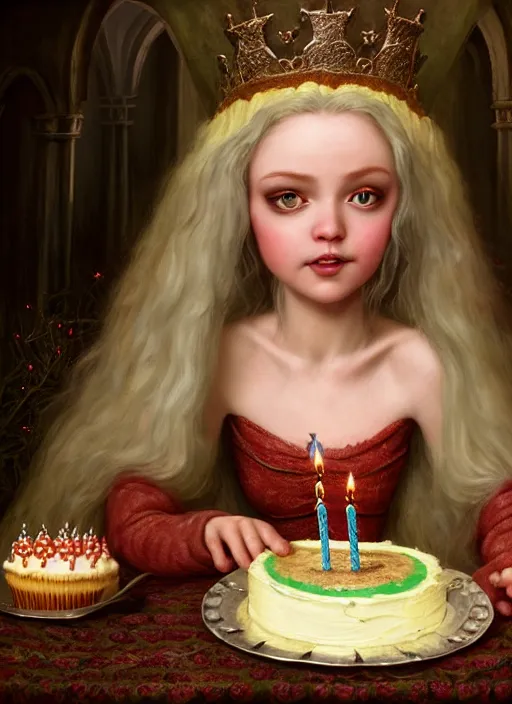 Prompt: highly detailed closeup portrait of a grinning irish fairytale medieval princess eating birthday cake, unreal engine, nicoletta ceccoli, mark ryden, lostfish, earl norem, global illumination, god rays, detailed and intricate environment