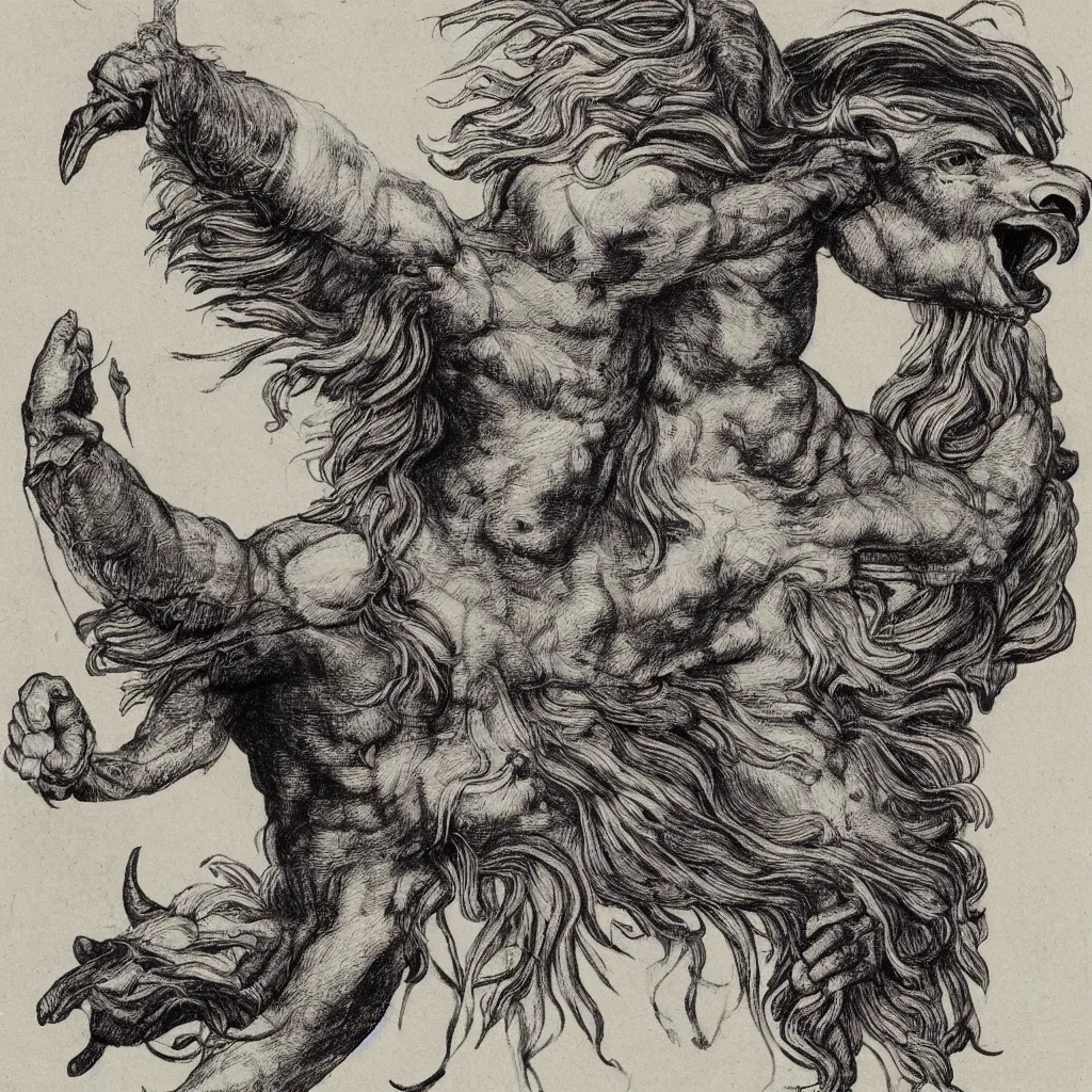 Image similar to human / eagle / lion / ox hybrid. horns, beak, mane, human body. drawn by da vinci