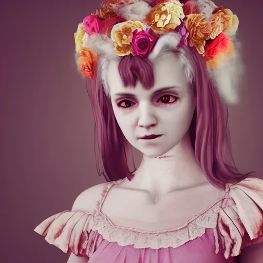 Image similar to 8 k, octane render, realism, tonalism, renaissance, rococo, baroque, cotton candy, portrait of a creepy young lady wearing long 1 9 7 0 s babydoll dress with flowers and skulls