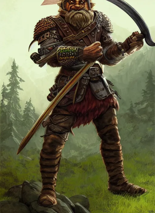 Image similar to strong young man, photorealistic bugbear ranger holding a flaming sword, black beard, dungeons and dragons, pathfinder, roleplaying game art, hunters gear, jeweled ornate leather and steel armour, concept art, character design on white background, by alan lee, norman rockwell, makoto shinkai, kim jung giu, poster art, colours red and green