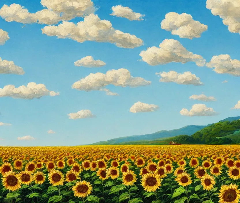 Image similar to a very detailed painting of a sunflower field, baby blue sky with very aesthetic stylized clouds, there is an ad billboard on the field, there are blue mountains in the back, in the style of edward hopper and hugo pondz, very fine brushstrokes, 4 k,