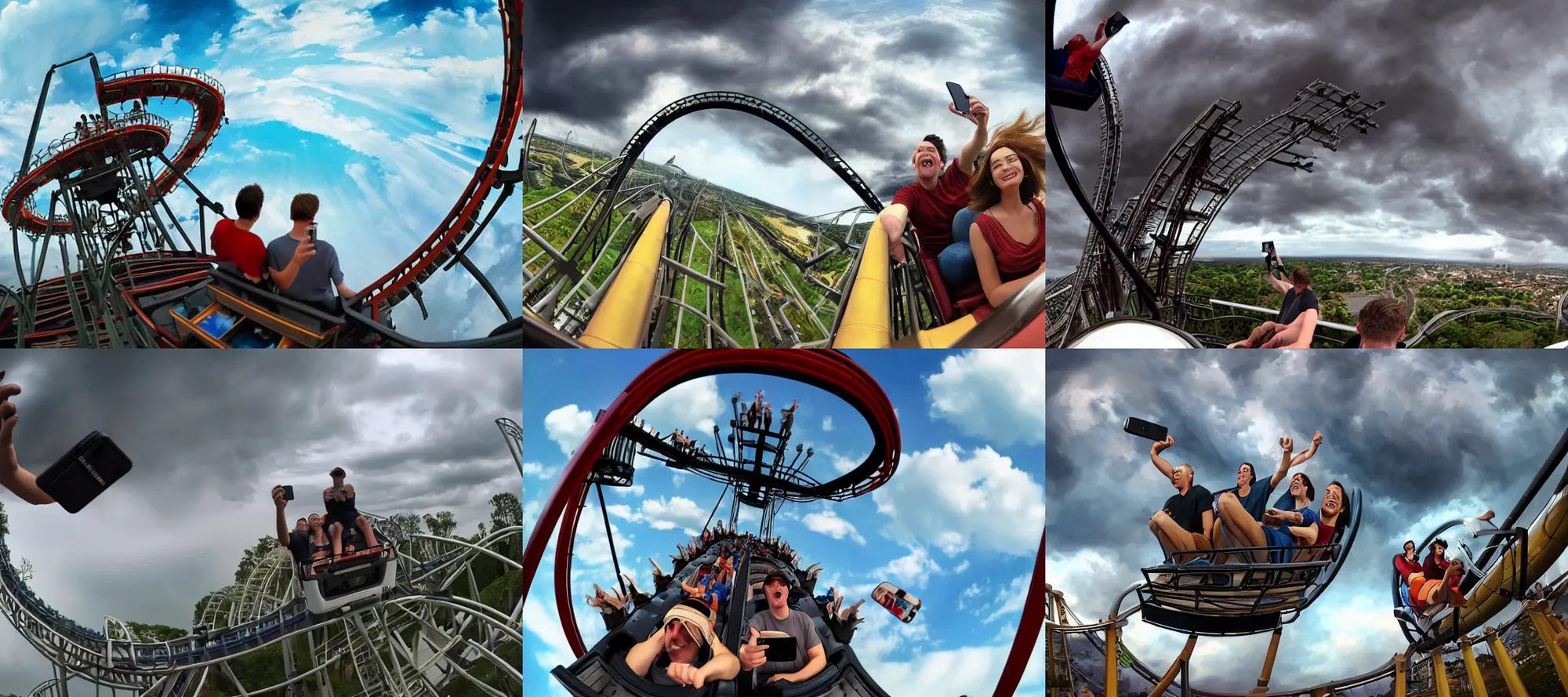 Prompt: incredible screenshot 2 people taking a selfie from cart on top of a roller coaster, dynamic camera angle, deep 3 point perspective, fish eye, dynamic extreme foreshortening of the cart they are sitting in , dramatic stormy clouds by phil hale, ashley wood, geoff darrow, james jean, 8k, hd, high resolution print