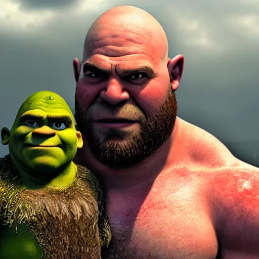 Image similar to kratos standing next to shrek, highly detailed, high quality, hd, 4 k, 8 k, canon 3 0 0 mm, professional photographer, 4 0 mp, lifelike, top - rated, award winning, realistic, sharp, no blur, edited, corrected, trending
