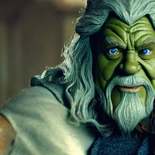 Image similar to film still of gandalf starring as the hulk, claymation, 8 k, hyperdetalied, cgsociety