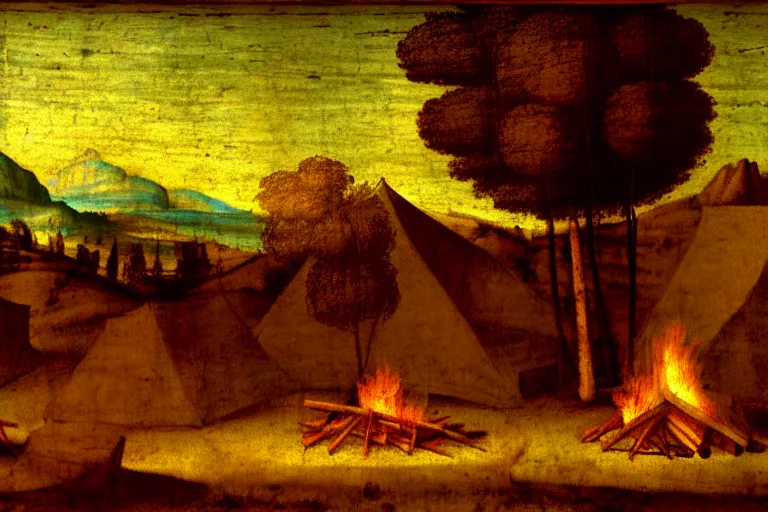 Image similar to davinci painting of a campsite with bonfire