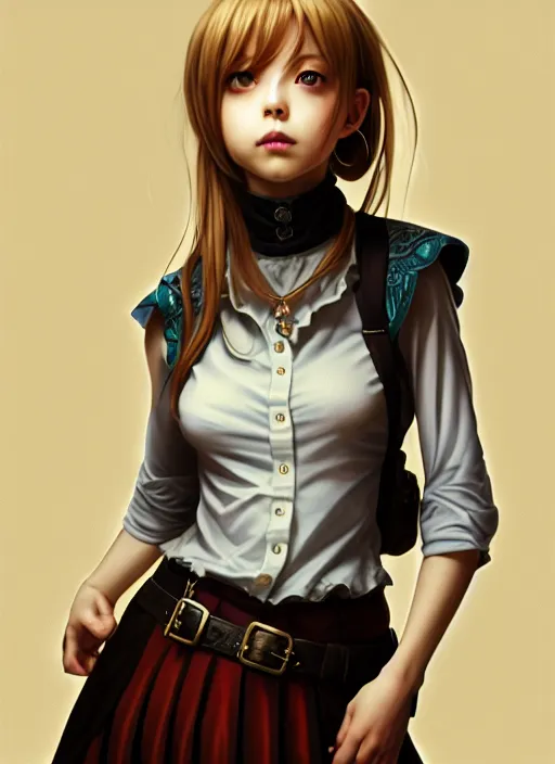 Image similar to portrait of a full body of beautiful young female detective, d & d, sleeveless turtleneck, pleated skirt, fantasy, flat lighting, intricate, highly detailed, digital painting, artstation, concept art, smooth, sharp focus, illustration, misa amane, art by simon bisley and greg rutkowski and alphonse mucha, natural tpose