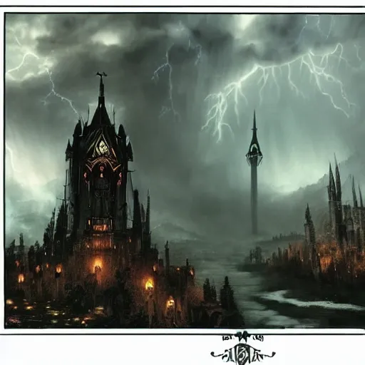 Image similar to an ultra detailed tarot card of a lonely and impossibly tall ominous gothic dark citadel tower of the evil patriarch, in the style of magic the gathering, in a river elevated high above the city, gaslight fantasy capital city, ultrawide lense, aerial photography, scary thunderstorm, exquisite detail, 8 k, art by greg rutkowski and alphonse mucha